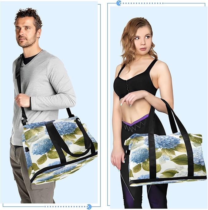 Travel Duffel Bags for Women Watercolor Blue Hydrangea Floral Sports Duffel Bags Gym Bags with Shoes Compartment Tote Bag Weekender Bag for Travelling