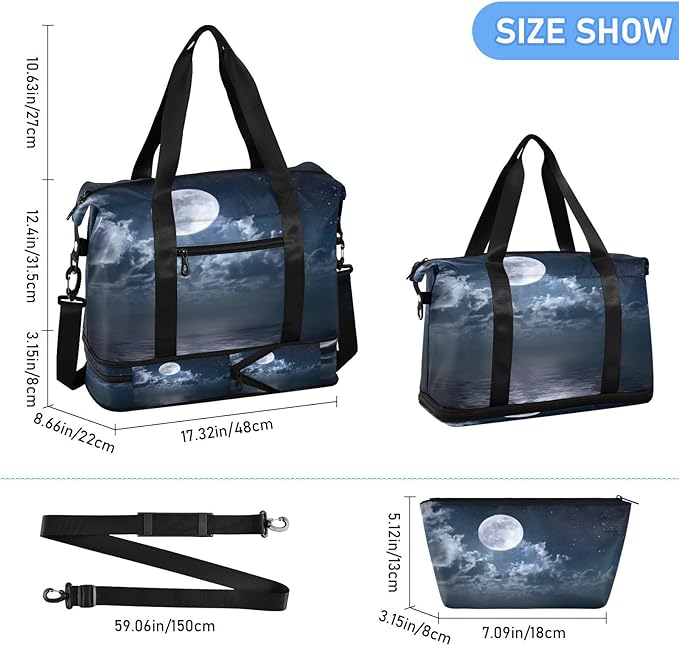 Travel Duffel Bags for Women Starry Moon over Water Sports Duffel Bags Gym Bags with Shoes Compartment Tote Bag Weekender Bag for Travelling