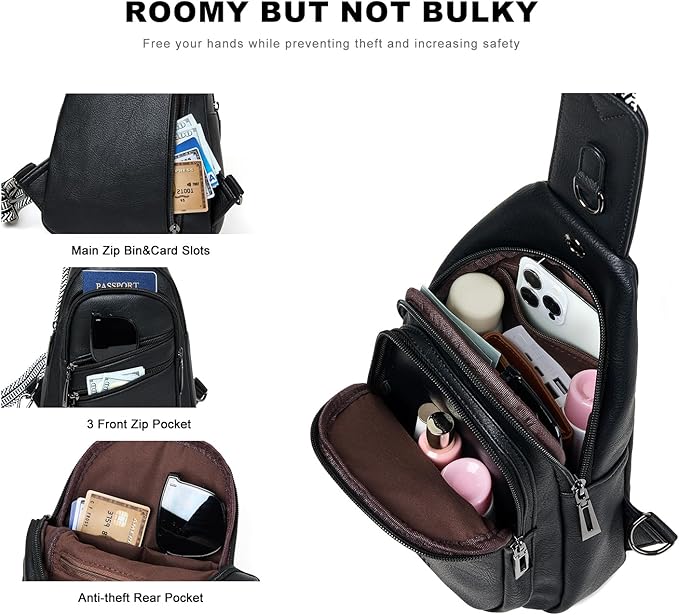 7L Crossboydy Sling Bag for Women Vegan Leather Crossbody Purse Fanny Pack Chest Bag for Travel,Black