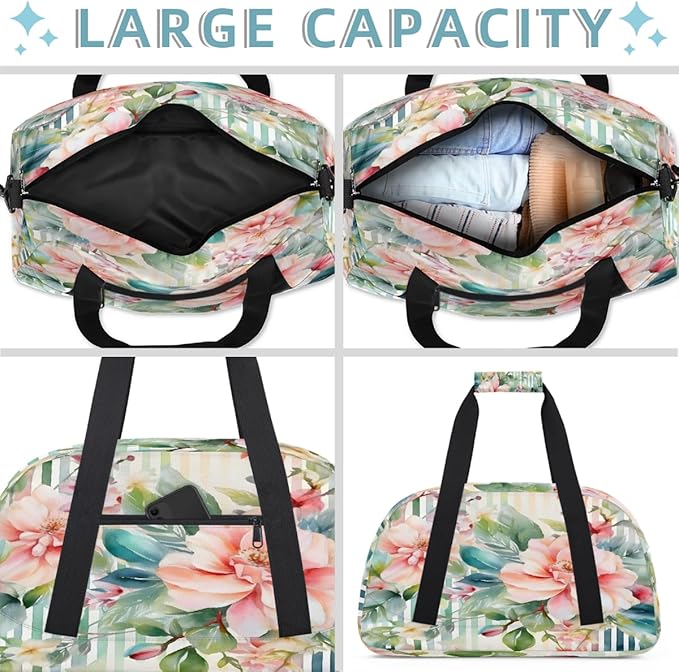 Travel Duffle Bag, Peach Floral Stripe Watercolor Waterproof Weekender Overnight Bags for Women Men Lightweight Carry on Duffle Gym Bag for Travel, Sports, Fitness, Workout