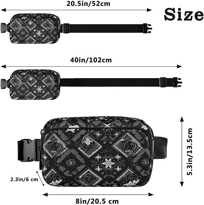 Black and White Paisley Fanny Pack for Women Men Water Resistant Fashion Waist Packs with Adjustable Strap Belt Bag for Travel Workout Jogging Hiking 21218026