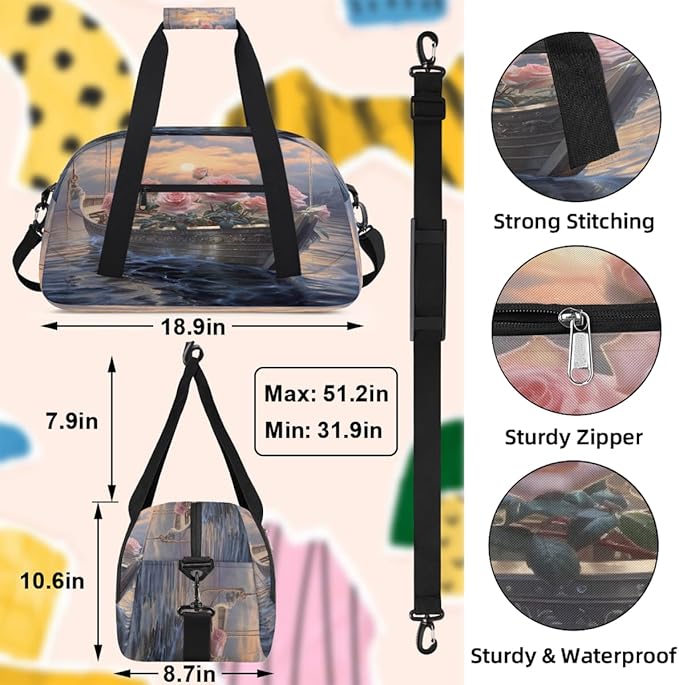 Gym Bag for Women Men, Pink Rose Boat Sunset Travel Duffle Bags for Dance Ballet Overnight, Carry-On Weekender Bag with Detachable Shoulder Strap