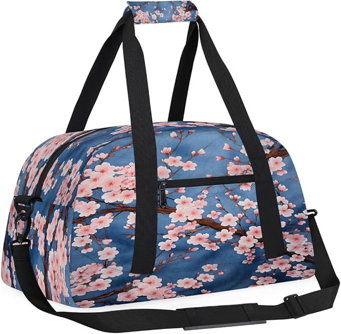 Pink Cherry Blossoms Sports Duffel Bags, Water-Resistant Gym Duffle Bag for Men Women, Lightweight Weekender Overnight Bag for Fitness, Workout, Travel
