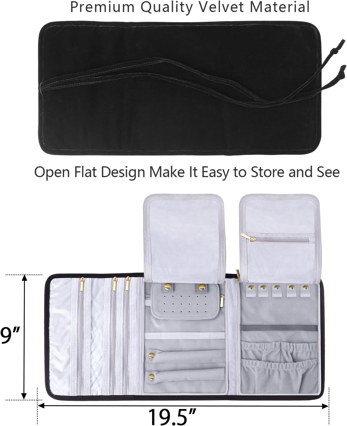 Teamoy Velvet Travel Jewelry Roll, Jewelry Storage Bag Organizer for Necklaces, Earrings, Bracelets, Rings, Brooches and More, Compact and Easy to Carry (Large, Velvet- Black)