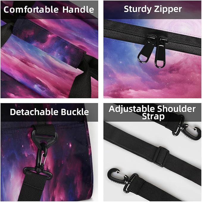 Pink Purple Nebula Print Sports Duffel Bags, Water-Resistant Gym Duffle Bag for Men Women, Lightweight Weekender Overnight Bag for Fitness, Workout, Travel