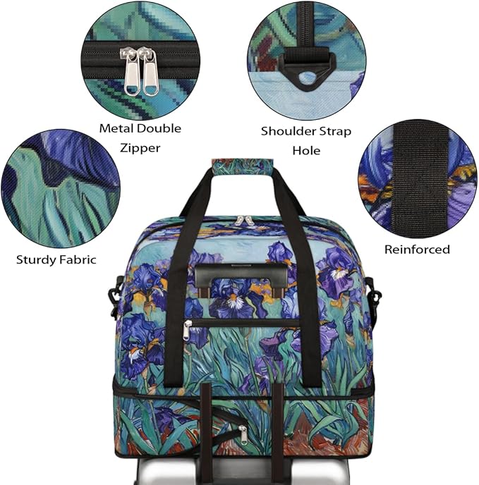 Purple Flowers Green Leaves Large Weekender Bag with Shoe Compartment Travel Duffel Bags for Women Carry On Hospital Overnight Bag Foldable Personal Item Travel Bags Tote Gym Sports Airplanes