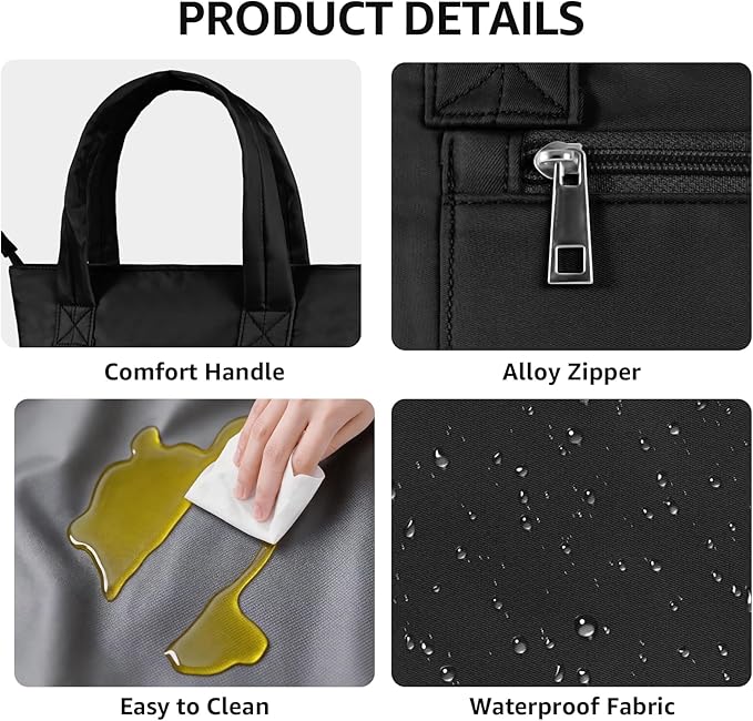 Tote Lunch Bag Women Stylish Quilted Lunch Boxes for Adult Fit and Fresh Cooler Insulated Lunchbox for Work Large 10 Liters Cute Compact Lunchbag Waterproof Black