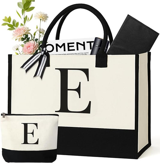 Personalized Canvas Tote Bag for Women Makeup Pouch Initial Beach Bag Removable Bottom Board for Travel Birthday