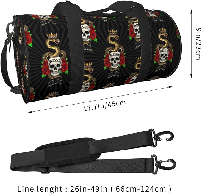 Round Duffel Sports Equipment Bags, Travel Gym Fitness Bag Colorful Tattoo Vintage Snake Skull King for Yoga Workout Swim