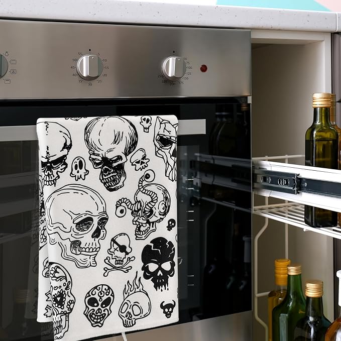 Bencailor 6 Pcs Skull Kitchen Towels Skeleton Dish Hand Towels Black White Gothic Spooky Skull Tea Washcloth for Bathroom Kitchen Goth Horror Decor Gifts 24 x 16''