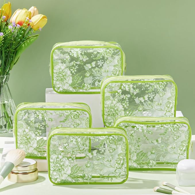 Set of 10 Clear Floral Cosmetic Bags PVC Makeup Bags Waterproof Travel Organizer Toiletry Pouches for Wedding Birthday Baby Shower Party Ideal Gift for Women Nurse Bridesmaid(Sage Green)