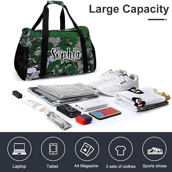 Custom Multifunctional Duffel Bag with Name Gym Bags Adjustable Shoulder Strap Travel Bag for Teens Green Black Camo Bling Print Casual Bag