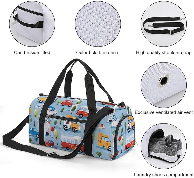 Rescue Vehicles Cartoon Sport Gym Bag for Men Women Cute Travel Duffel Bag with Wet Pocket Shoes Compartment Carry on Pack for Workout Overnight Weekend Trip