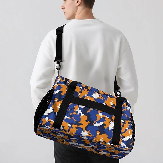 Camouflage Navy Blue Orange Camo Waterproof Duffel Bag Gym Dance Sport Perform Training Bag for Teens Adults Women Men Handheld Crossbody Travel Bag