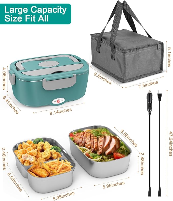 Electric Lunch Box for Men, Women & Adults - 80W Fast Heating - Heated Lunch Box with Dual 1.5L SS Containers - Portable Food Warmer for Car, Truck, Office