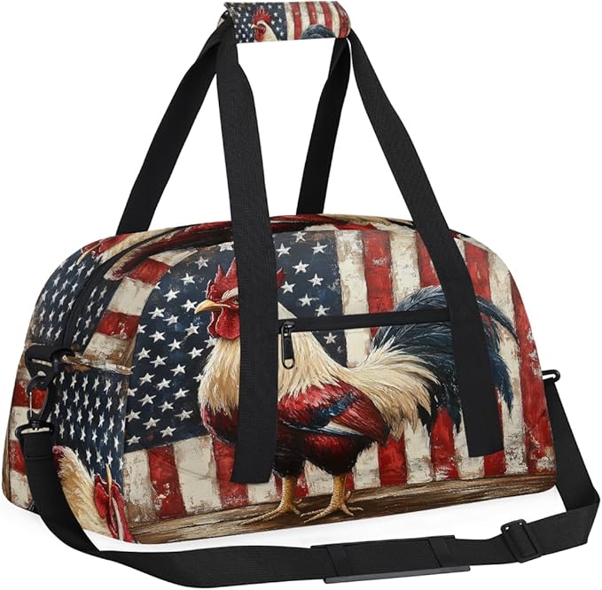 Kids Duffle Bag Girls Boys Farmhouse Rooster On American Flag Back Weekender Overnight Bag,Lightweight Duffel Bags for Traveling Gym Sport Dance