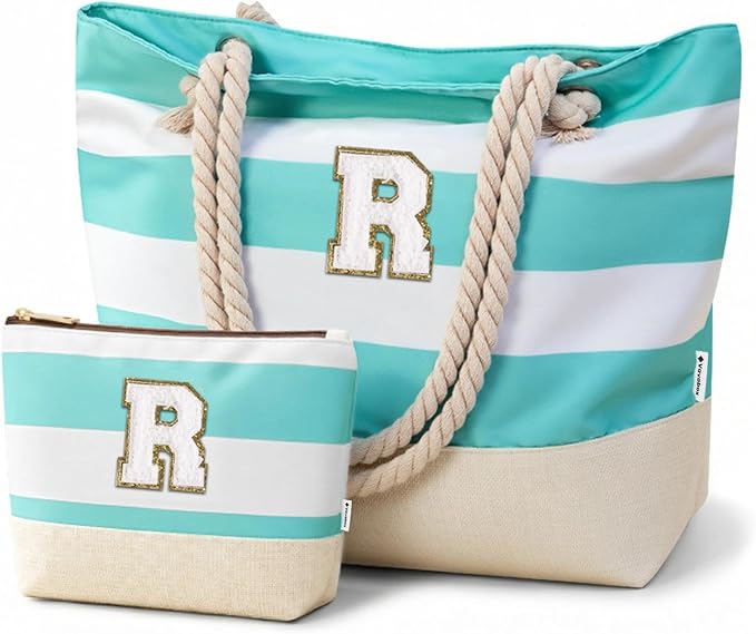 Vavabox Initial Beach Tote Bag for Women, Water-resistant Foldable Travel Beach Bag Set, Birthday Gifts for Women Mom