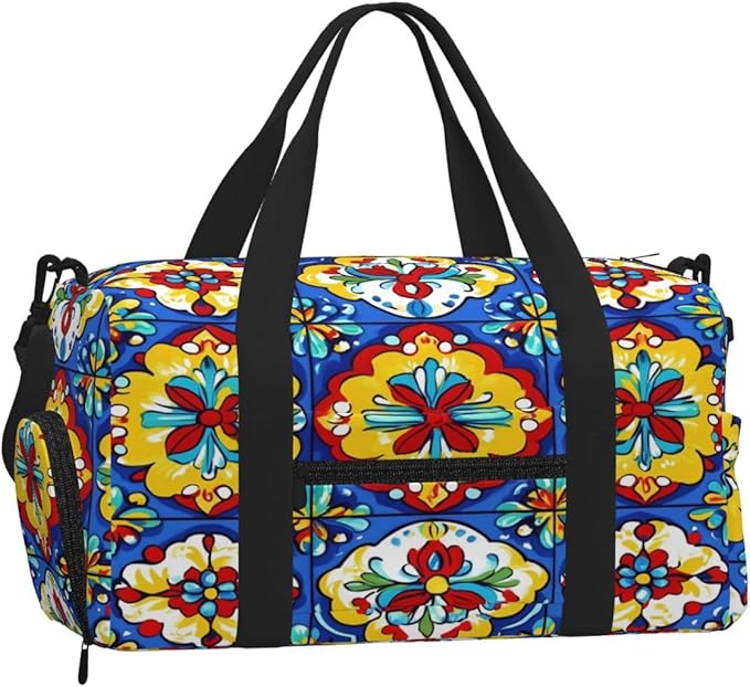 Sports Gym Bag Mexican Talavera Tiles Travel Duffel Bag With Shoe Compartment Shoulder Strap, Lightweight Water-Resistant Weekend Overnight Totes For Women Men