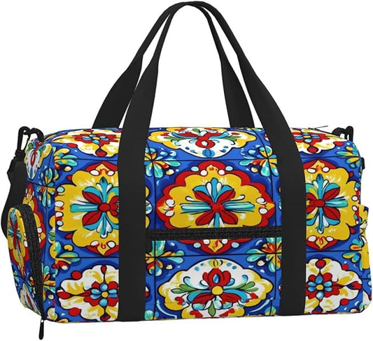 Sports Gym Bag Mexican Talavera Tiles Travel Duffel Bag With Shoe Compartment Shoulder Strap, Lightweight Water-Resistant Weekend Overnight Totes For Women Men
