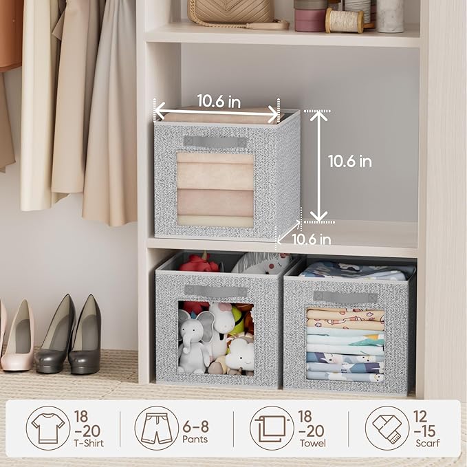Linen Closet Organizers and Storage - 6 Pack Cube Storage Bins with Handle, Fabric Storage Bins for Shelves, 11 inch Bins for Organization, Cubes Organizer for Home, Blended