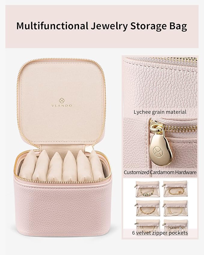 Vlando Gifts for Teachers,Jewelry Box with 6 Velvet Jewelry Bags Travel Jewelry Storage for Women Girl Jewelry Organizer Necklace Rings Earrings Bags Gifts for Women(Pink)