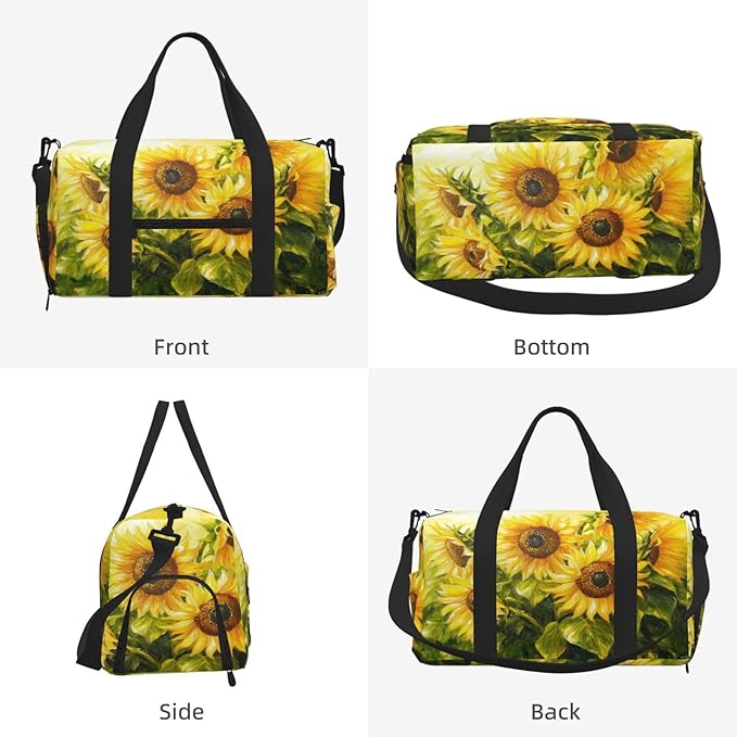 Sports Gym Bag Sunflowers Oil Painting Travel Duffel Bag With Shoe Compartment Shoulder Strap, Lightweight Water-Resistant Weekend Overnight Totes For Women Men
