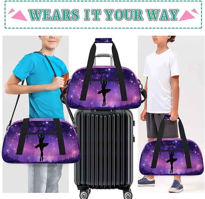 Personalized Boys Gym Bags, Custom Name Sport Bags for Training Travel Overnight Weekender Purple Ballet Silhouette