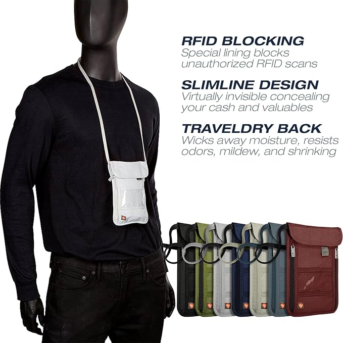 Lewis N. Clark RFID Blocking Stash Neck Wallet, Travel Pouch + Passport Holder for Women & Men, Gray