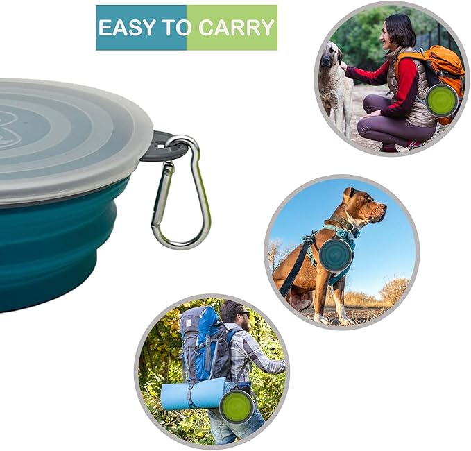 Large Collapsible Dog Bowl 35oz,2 Pack Portable and Foldable Pet Travel Bowls with 2 Carabiners & Lids for Dogs Cats and Small Animals (Blue+Green+Grey, 1000ml)