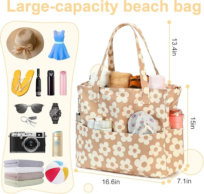 LEDAOU Large Beach Bag Women Waterproof Sandproof Zipper Beach Tote Pool Bag for Swim Gym Grocery Travel with Wet Pocket | Waterproof, Sandproof, Zipper, Pool, Gym, Grocery