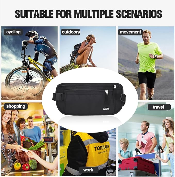 Unisex Money Belt For Men and Women, Slim Passport Holder RFID Blocking Travel Essentials Pouch with Adjustable Strap Small Waist Pouch for Workout Running Travelling Hiking (Black 2 Packs)