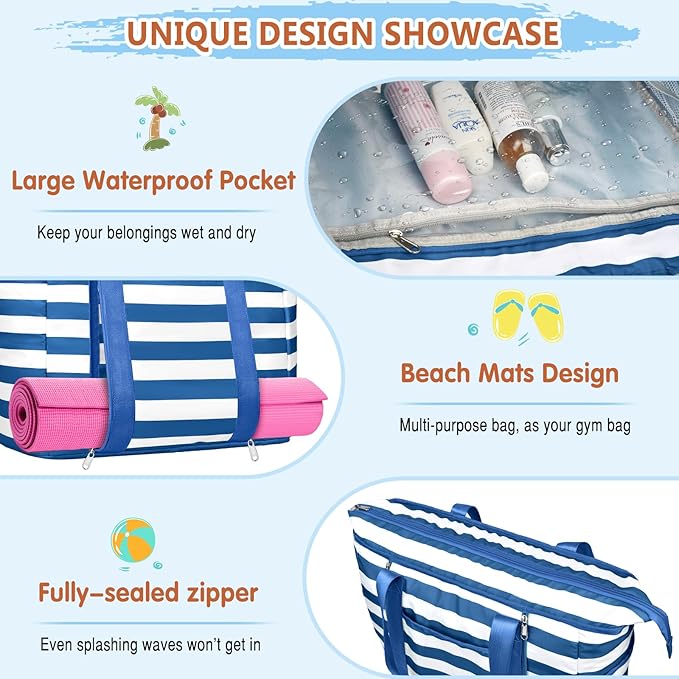 Extra Large Beach Bags for Women, Waterproof Sandproof Beach Tote Bag Foldable Swim Pool Bag with Zipper and Wet Pocket
