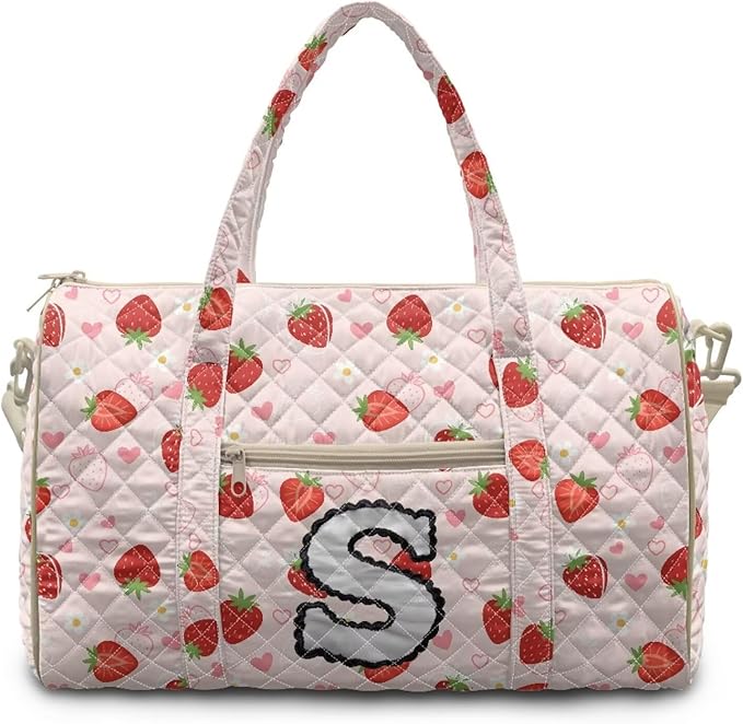 COEQINE Women Vintage Floral Gym Bag for Travel Pink Strawberry Initial Name A-Z Personal Item Travel Bag Quilted Duffel Bags for Men Womens, Large Packable Travel Bag