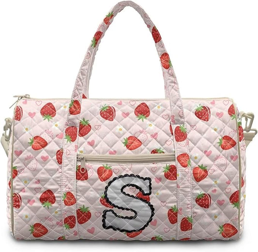 COEQINE Women Vintage Floral Gym Bag for Travel Pink Strawberry Initial Name A-Z Personal Item Travel Bag Quilted Duffel Bags for Men Womens, Large Packable Travel Bag