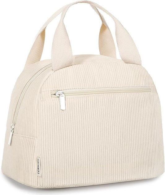 Cute Lunch Box Tote Bag - Corduroy Insulated Cooler Bags for Women - Lightweight Reusable Portable Soft Lunch Pail Kit for Kids Teen Girl Adults Work School Picnic Travel White 12L