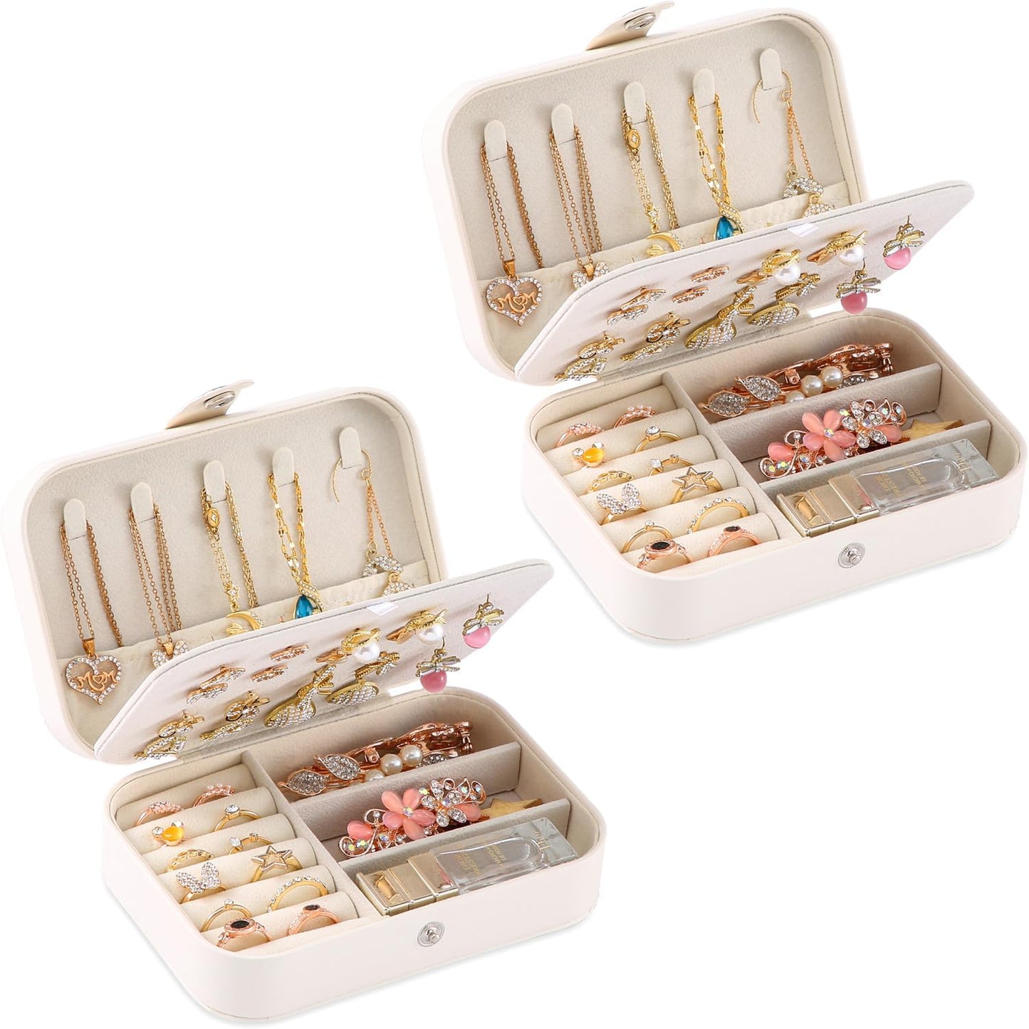 Travel Jewelry Box, PU leather Small Jewelry Organizer For Female Girls, double layer portable mini travel case for storing earrings, rings, necklaces.(Bright White 2pcs)