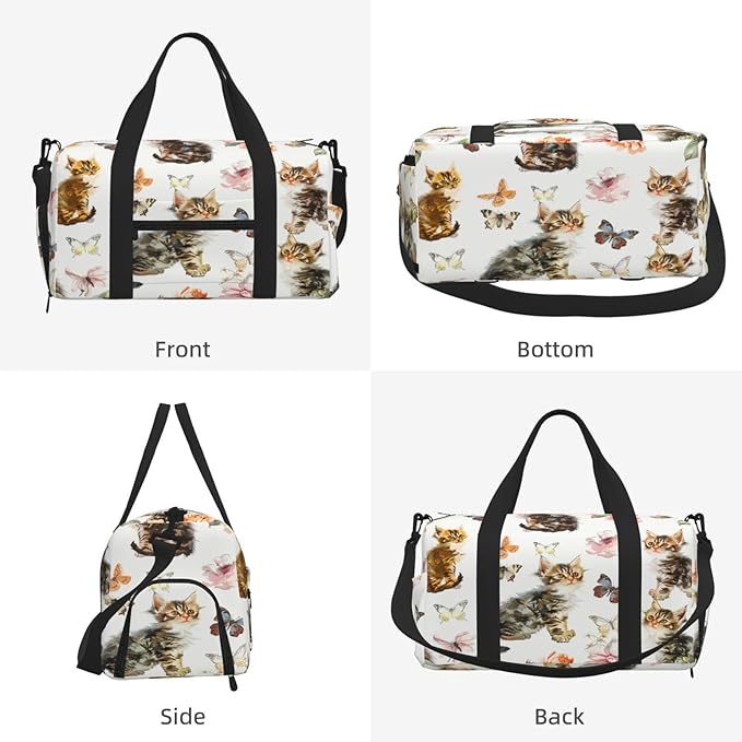 Sports Gym Bag Butterflies Cats Kittens Pattern Travel Duffel Bag With Shoe Compartment Shoulder Strap, Lightweight Water-Resistant Weekend Overnight Totes For Women Men