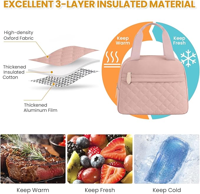 Insulated Lunch Bag for Women, Portable Lightweight Lunch Box for Adults, Reusable Small Lunch Tote Cooler Bags with Front Zipper Pocket for Work School Picnic(Pink)