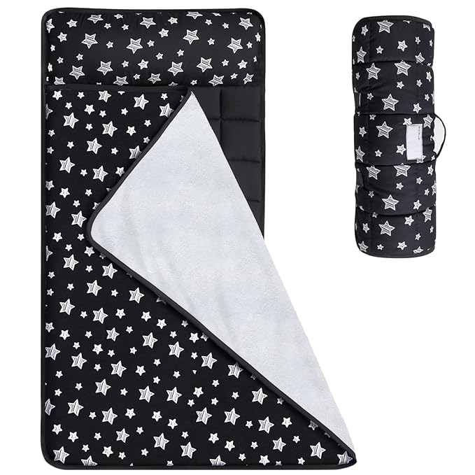Toddler Sleeping Bag Nap Mat Black with Fleece Blanket, Lightweight, Soft Perfect for Toddlers Preschool, Daycare, Travel Sleeping Bag Boys Girls, 21" x 50" Fit Standard Cot