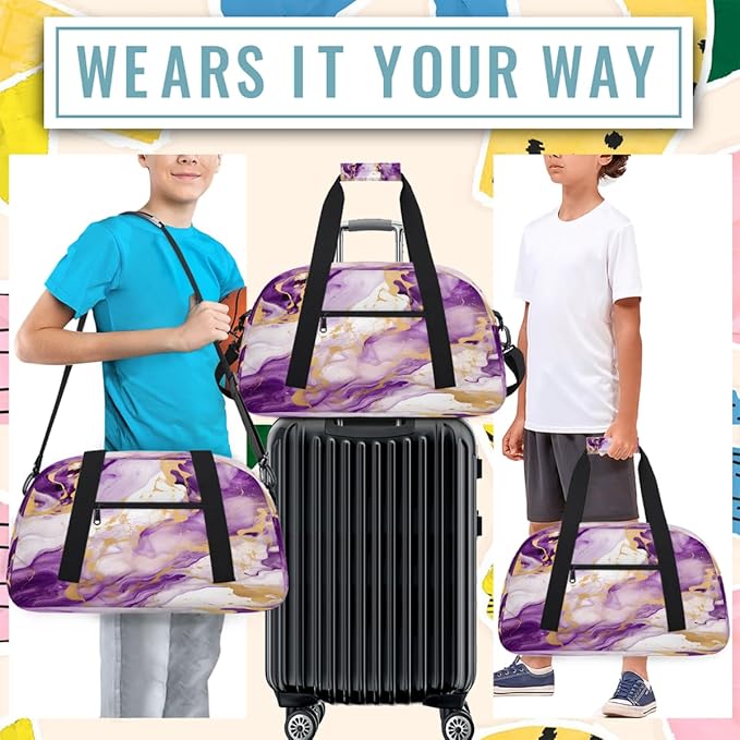 Gym Bag for Women Men, Purple And Gold Marble Travel Duffle Bags for Dance Ballet Overnight, Carry-On Weekender Bag with Detachable Shoulder Strap