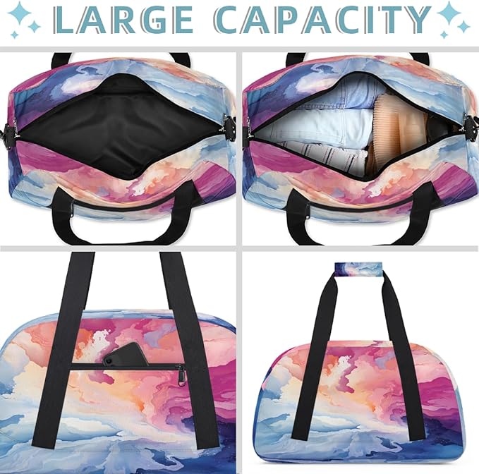 Sports Duffel Bags, Pink Blue Watercolor Splashes Water-Resistant Gym Duffle Bag for Men Women, Lightweight Weekender Overnight Bag for Fitness, Workout, Travel