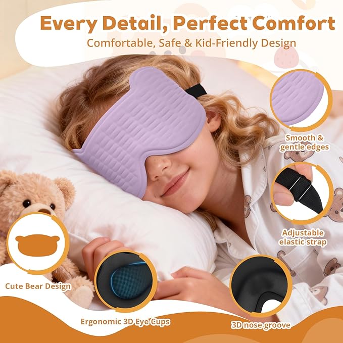 3D Kids Sleep Mask – Cute Bear Eye Mask for Sleeping, Comfortable Memory Foam Sleep Mask for Kids, Adjustable Strap and Lightweight Sleeping Mask for Boys Girls Teens Ages 5-15 (Purple)