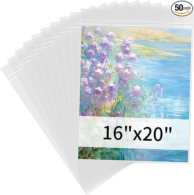 50 Pack 16x20 Poster Protector - Acid Free 1.57 mil (Single Side) Thick Heavy Duty Newspaper Protector Sleeves Self Adhesive Crystal Clear Plastic Sleeves for Paper Photo Prints 16x20