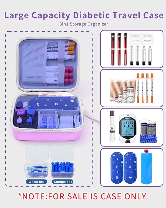 Krypthos Diabetic Supplies Travel Case, Portable Diabetes Organizer for Glucose Meter, Blood Sugar Test Strips Kit, Insulin Pens, Vials, Syringes, Lancing Device More with Adjustable Dividers (Violet)