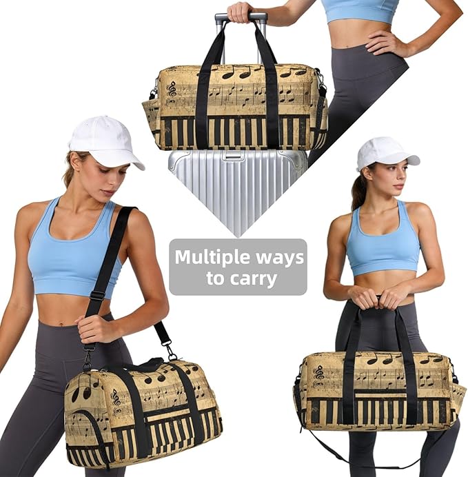 Sports Gym Bag Retro Musical Notes Piano Keys Travel Duffel Bag With Shoe Compartment Shoulder Strap, Lightweight Water-Resistant Weekend Overnight Totes For Women Men