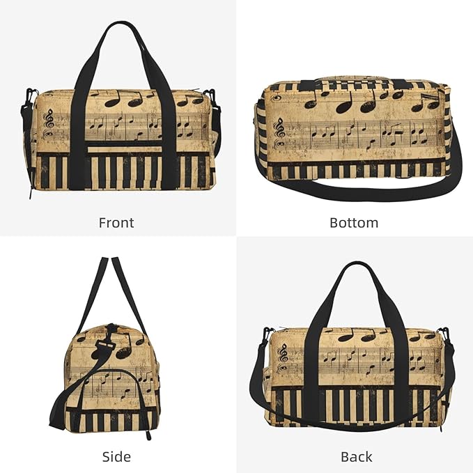 Sports Gym Bag Retro Musical Notes Piano Keys Travel Duffel Bag With Shoe Compartment Shoulder Strap, Lightweight Water-Resistant Weekend Overnight Totes For Women Men
