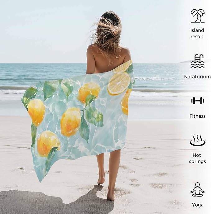 Watercolor Lemon Beach Towel 30" x 60" Summer Fruit Water Waves Lake Quick Dry Sand Free Pool Towels Soft & Absorbent Compact Towels Beach Accessories for Travel Bathroom Swimming Pool