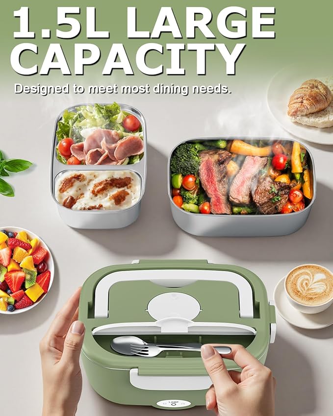 Electric Lunch Box for Men, Women & Adults - 80W Fast Heating - Heated Lunch Box with Dual 1.5L SS Containers - Portable Food Warmer for Car, Truck, Office