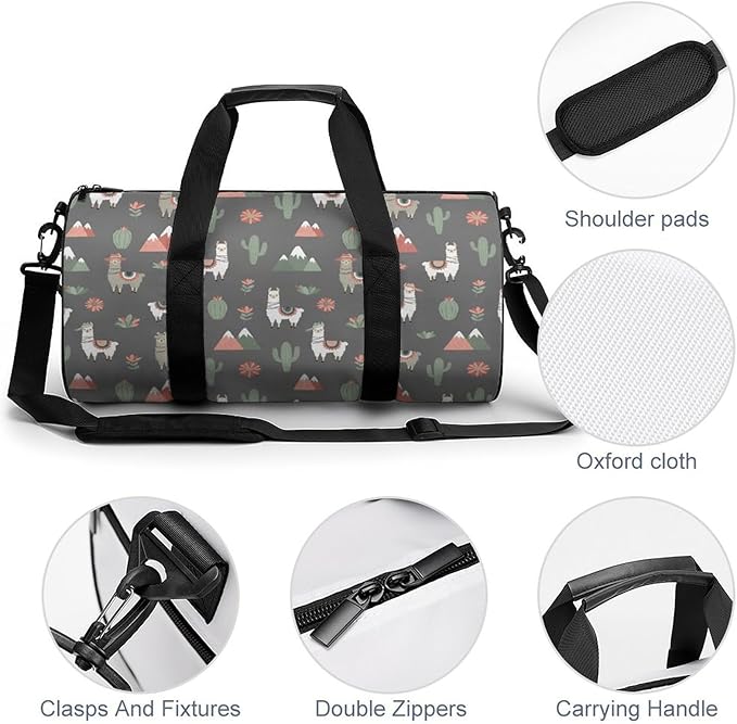 Unisex Foldable Gym Bag Llama Alpaca Cactus Lightweight Travel Sports Bag Workout Yoga Dance Bags Overnight Weekender Bags