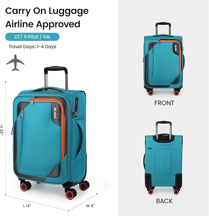 22 inch Carry on Luggage,Softside Suitcase w/TSA LOCK,Expandable 20% Luggage w/Spinner Wheels, Tear-Resistant,Lightweight Rolling Suitcases for Men/Women（SkyBlue,22in）